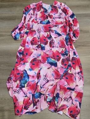 XPlusWear Multi Color Floral Print Pink Blue V-Neck Women's Maxi Dress Size XXL